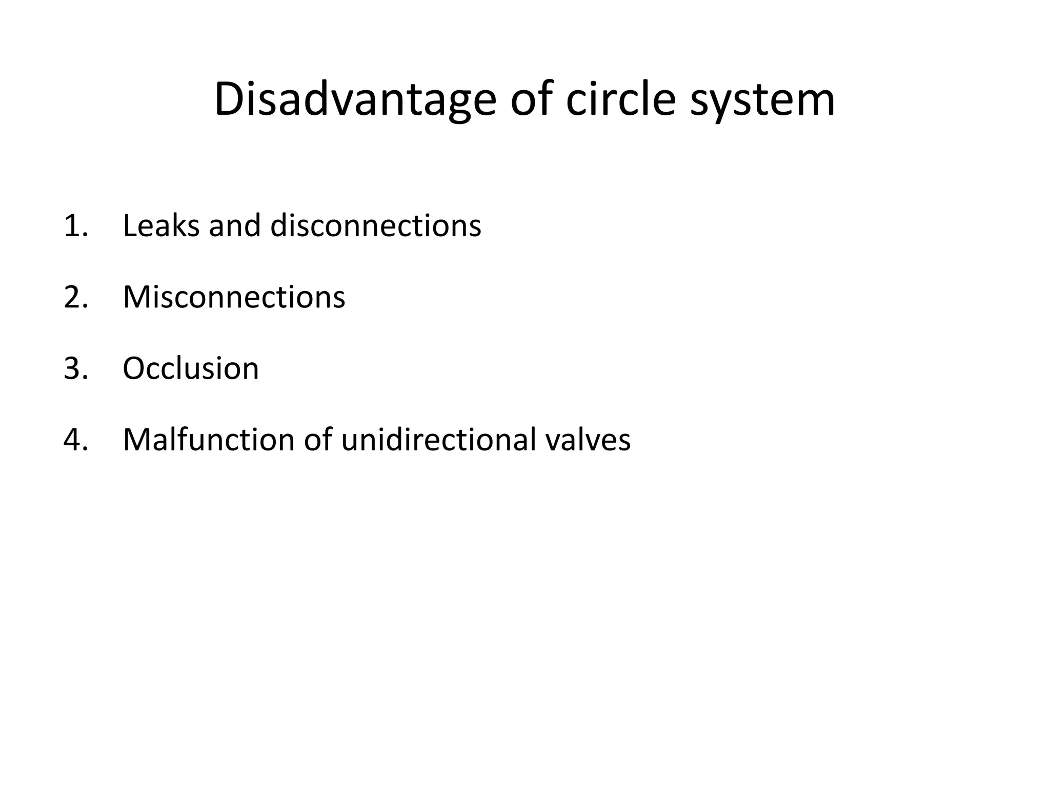 Disadvantage of circle system
1. Leaks and disconnections
2. Misconnections
3. Occlusion
4. Malfunction of unidirectional valves
 