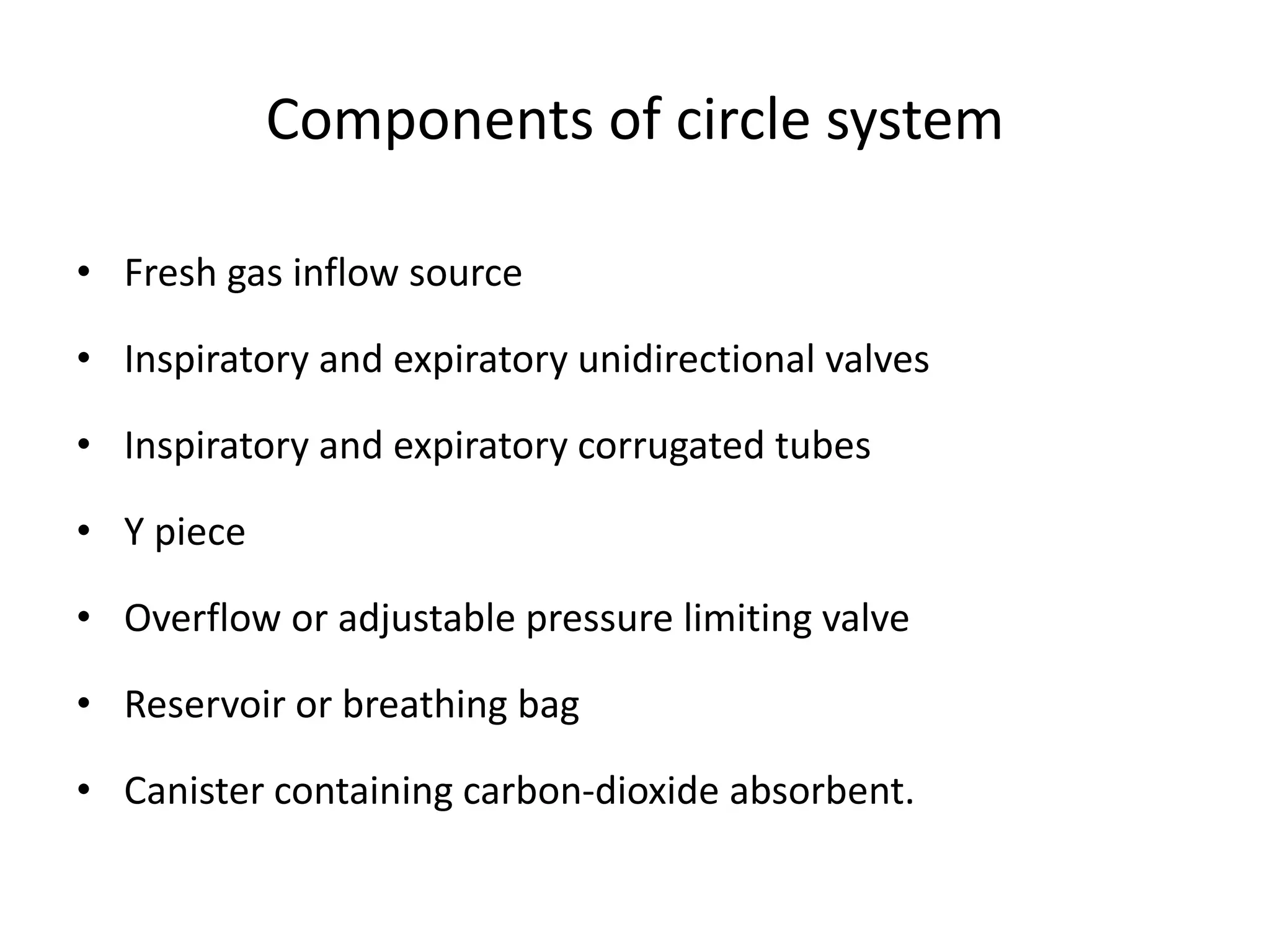 Components of circle system
• Fresh gas inflow source
• Inspiratory and expiratory unidirectional valves
• Inspiratory and expiratory corrugated tubes
• Y piece
• Overflow or adjustable pressure limiting valve
• Reservoir or breathing bag
• Canister containing carbon-dioxide absorbent.
 