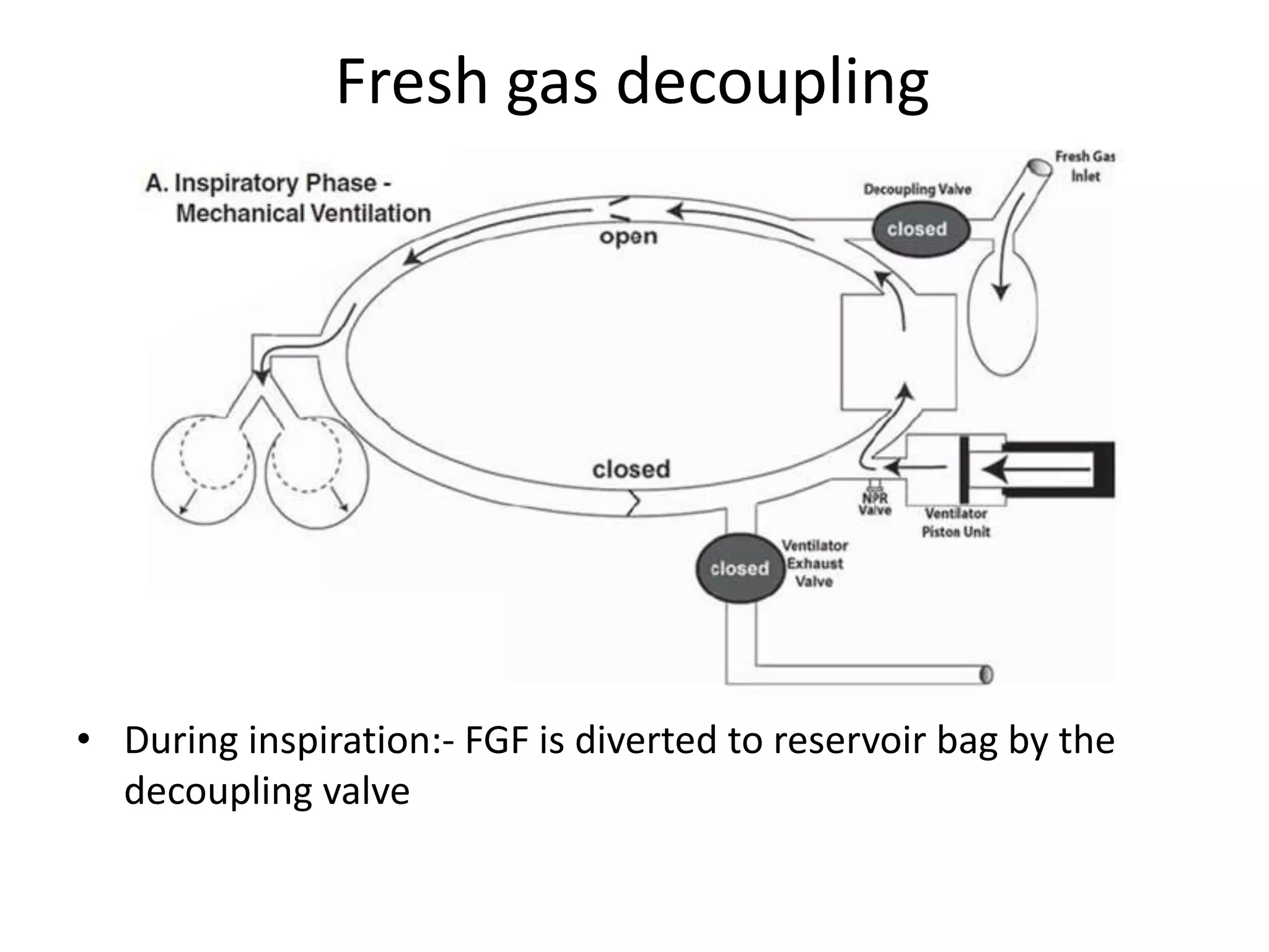 Fresh gas decoupling
• During inspiration:- FGF is diverted to reservoir bag by the
decoupling valve
 
