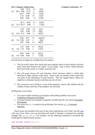 B.E. Computer Engineering Computer Laboratory - IV
Pune Vidyarthi Griha’s COLLEGE OF ENGINEERING, Nasik - 4
0.00 33.52 1/1 A[2]
[3] 80.4 0.00 33.52 1 B1[3]
30.17 0.00 1/1 C3[4]
3.35 0.00 1/1 C2[7]
0.00 0.00 1/1 C1[8]
------------------------------------------------------------------
30.17 0.00 1/1 B1[3]
[4] 72.4 30.17 0.00 1 C3[4]
------------------------------------------------------------------
4.07 0.00 1/2 A[2]
4.07 0.00 1/2 D[6]
[5] 19.6 8.15 0.00 2 B2[5]
------------------------------------------------------------------
0.00 4.07 1/1 main[1]
[6] 9.8 0.00 4.07 1 D[6]
4.07 0.00 1/2 B2[5]
------------------------------------------------------------------
3.35 0.00 1/1 B1[3]
[7] 8.0 3.35 0.00 1 C2[7]
------------------------------------------------------------------
0.00 0.00 1/1 B1[3]
[8] 0.0 0.00 0.00 1 C1[8]
------------------------------------------------------------------
Several forms of output are available from the analysis.
1. The flat profile shows how much time your program spent in each function, and how
many times that function was called. If you simply want to know which functions
burn most of the cycles, it is stated concisely here.
2. The call graph shows, for each function, which functions called it, which other
functions it called, and how many times. There is also an estimate of how much time
was spent in the subroutines of each function. This can suggest places where you
might try to eliminate function calls that use a lot of time.
3. The annotated source listing is a copy of the program's source code, labeled with the
number of times each line of the program was executed.
Profiling has several steps:
 You must compile and link your program with profiling enabled. See section
Compiling a Program for Profiling.
 You must execute your program to generate a profile data file. See section Executing
the Program.
 You must run gprof to analyze the profile data. See section gprof Command
Summary.
Gprof comes pre-installed with most of the Linux distributions, but if that‘s not the case
with your Linux distro, you can download and install it through a command line package
manager like apt-get or yum. For example, run the following command to download and
install gprof on Debian-based systems:
sudo apt-get install binutils
 