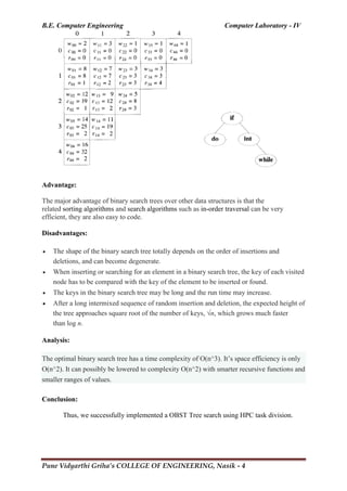 B.E. Computer Engineering Computer Laboratory - IV
Pune Vidyarthi Griha’s COLLEGE OF ENGINEERING, Nasik - 4
Advantage:
The major advantage of binary search trees over other data structures is that the
related sorting algorithms and search algorithms such as in-order traversal can be very
efficient, they are also easy to code.
Disadvantages:
 The shape of the binary search tree totally depends on the order of insertions and
deletions, and can become degenerate.
 When inserting or searching for an element in a binary search tree, the key of each visited
node has to be compared with the key of the element to be inserted or found.
 The keys in the binary search tree may be long and the run time may increase.
 After a long intermixed sequence of random insertion and deletion, the expected height of
the tree approaches square root of the number of keys, √n, which grows much faster
than log n.
Analysis:
The optimal binary search tree has a time complexity of O(n^3). It‘s space efficiency is only
O(n^2). It can possibly be lowered to complexity O(n^2) with smarter recursive functions and
smaller ranges of values.
Conclusion:
Thus, we successfully implemented a OBST Tree search using HPC task division.
 