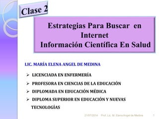 Estrategias Para Buscar en
Internet
Información Científica En Salud
21/07/2014 Prof. Lic. M. Elena Angel de Medina 1
LIC. MARÍA ELENA ANGEL DE MEDINA
 LICENCIADA EN ENFERMERÍA
 PROFESORA EN CIENCIAS DE LA EDUCACIÓN
 DIPLOMADA EN EDUCACIÓN MÉDICA
 DIPLOMA SUPERIOR EN EDUCACIÓN Y NUEVAS
TECNOLOGÍAS
 