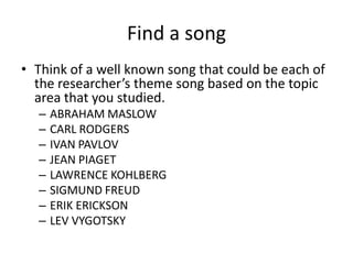 Find a song
• Think of a well known song that could be each of
  the researcher’s theme song based on the topic
  area that you studied.
  –   ABRAHAM MASLOW
  –   CARL RODGERS
  –   IVAN PAVLOV
  –   JEAN PIAGET
  –   LAWRENCE KOHLBERG
  –   SIGMUND FREUD
  –   ERIK ERICKSON
  –   LEV VYGOTSKY
 