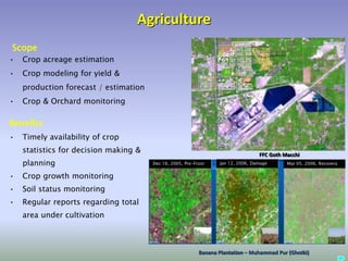 Agriculture
• Crop acreage estimation
• Crop modeling for yield &
production forecast / estimation
• Crop & Orchard monitoring
Scope
• Timely availability of crop
statistics for decision making &
planning
• Crop growth monitoring
• Soil status monitoring
• Regular reports regarding total
area under cultivation
Benefits
Banana Plantation – Muhammad Pur (Ghotki)
FFC Goth Macchi
Mar 05, 2006, RecoveryJan 12, 2006, DamageDec 16, 2005, Pre-Frost
 