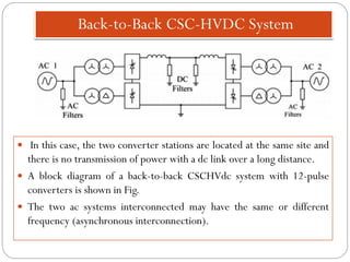 Back-to-Back CSC-HVDC System
 In this case, the two converter stations are located at the same site and
there is no transmission of power with a dc link over a long distance.
 A block diagram of a back-to-back CSCHVdc system with 12-pulse
converters is shown in Fig.
 The two ac systems interconnected may have the same or different
frequency (asynchronous interconnection).
 