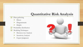 Quantitative Risk Analysis
 Data gathering
 Direct
 Diagrammatic
 Delphi
 Probability distribution
 Modeling Techniques
 Decision tree Analysis
 SensitivityAnalysis
 Expert Judgment
 