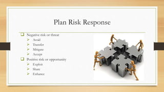 Plan Risk Response
 Negative risk or threat
 Avoid
 Transfer
 Mitigate
 Accept
 Positive risk or opportunity
 Exploit
 Share
 Enhance
 