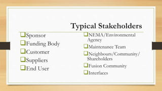 Typical Stakeholders
Sponsor
Funding Body
Customer
Suppliers
End User
NEMA/Environmental
Agency
Maintenance Team
Neighbours/Community/
Shareholders
Fusion Community
Interfaces
 