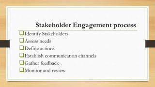 Stakeholder Engagement process
Identify Stakeholders
Assess needs
Define actions
Establish communication channels
Gather feedback
Monitor and review
 