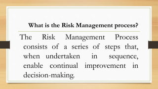 What is the Risk Management process?
The Risk Management Process
consists of a series of steps that,
when undertaken in sequence,
enable continual improvement in
decision-making.
 
