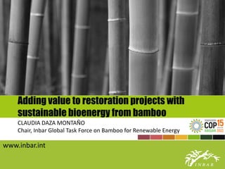 Adding value to restoration projects with
sustainable bioenergy from bamboo
www.inbar.int
CLAUDIA DAZA MONTAÑO
Chair, Inbar Global Task Force on Bamboo for Renewable Energy
 