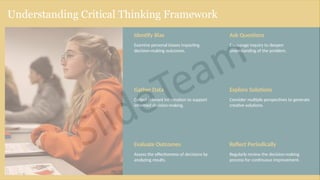 Understanding Critical Thinking Framework
Identify Bias
Examine personal biases impacting
decision-making outcomes.
Ask Questions
Encourage inquiry to deepen
understanding of the problem.
Gather Data
Collect relevant information to support
informed decision-making.
Explore Solutions
Consider multiple perspectives to generate
creative solutions.
Evaluate Outcomes
Assess the effectiveness of decisions by
analyzing results.
Reflect Periodically
Regularly review the decision-making
process for continuous improvement.
 
