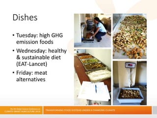 Dishes
• Tuesday: high GHG
emission foods
• Wednesday: healthy
& sustainable diet
(EAT-Lancet)
• Friday: meat
alternatives
 