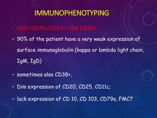 – CD5+/CD19+/CD23+/ dim CD20+
– 90% of the patient have a very weak expression of
surface immunoglobulin (kappa or lambda light chain,
IgM, IgD)
– sometimes also CD38+,
– Dim expression of CD20, CD25, CD11c;
– lack expression of CD 10, CD 103, CD79a, FMC7
IMMUNOPHENOTYPING
 