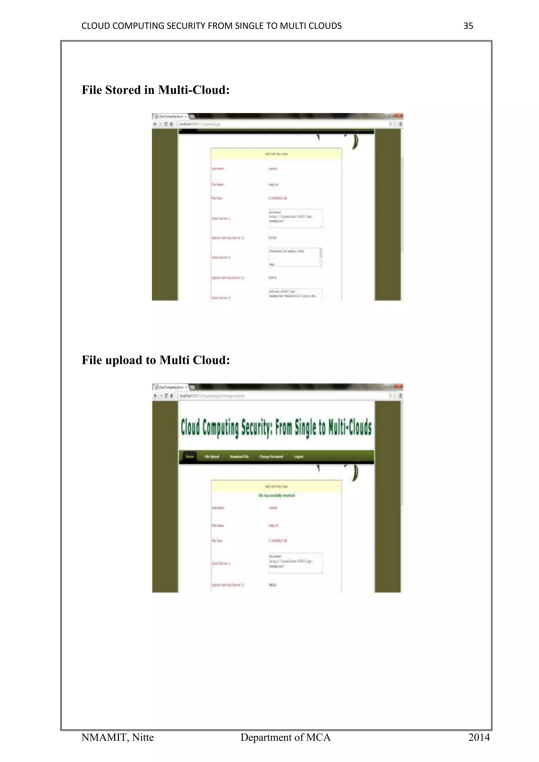 CLOUD COMPUTING SECURITY FROM SINGLE TO MULTI CLOUDS 35
NMAMIT, Nitte Department of MCA 2014
File Stored in Multi-Cloud:
File upload to Multi Cloud:
 