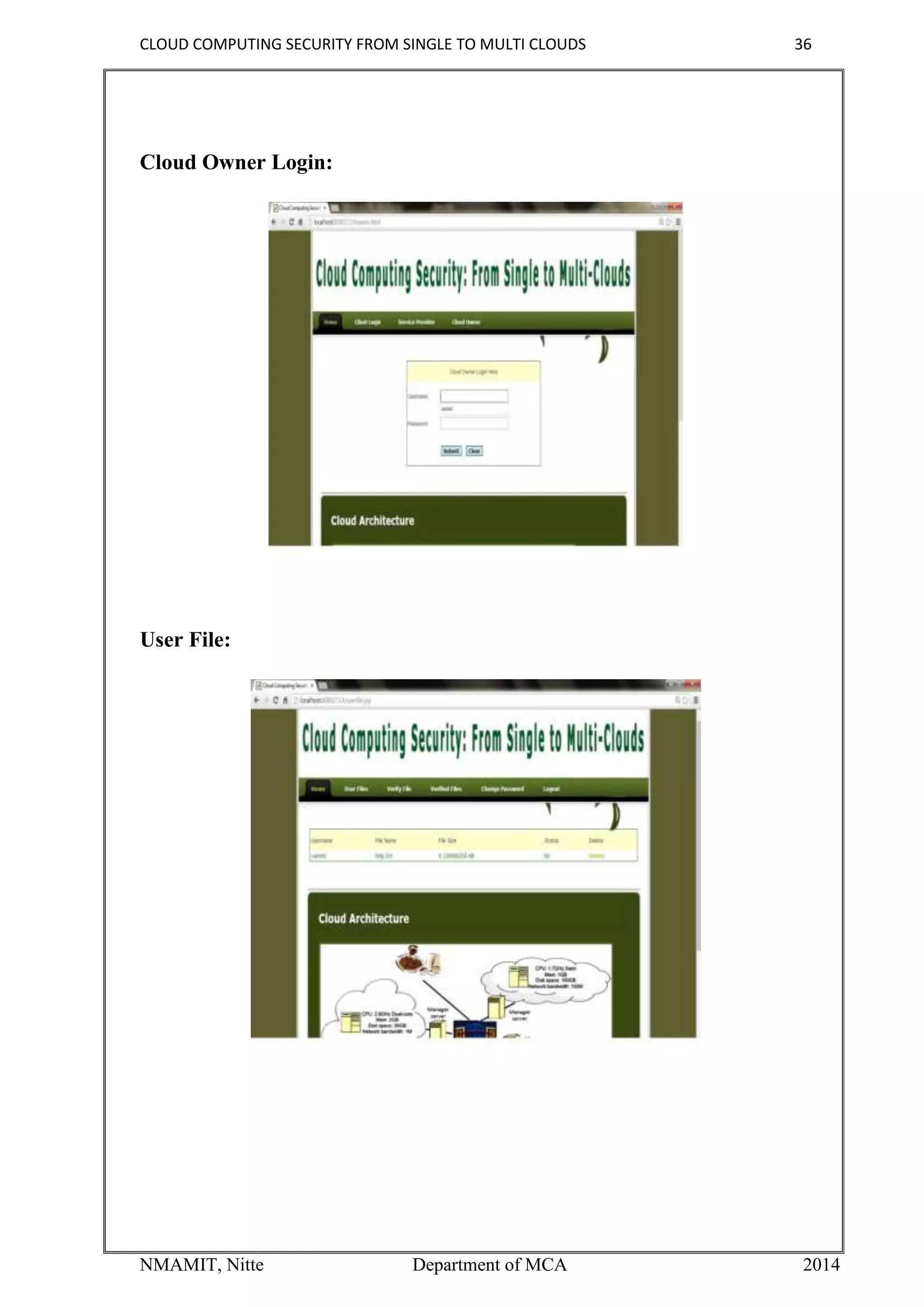 CLOUD COMPUTING SECURITY FROM SINGLE TO MULTI CLOUDS 36
NMAMIT, Nitte Department of MCA 2014
Cloud Owner Login:
User File:
 