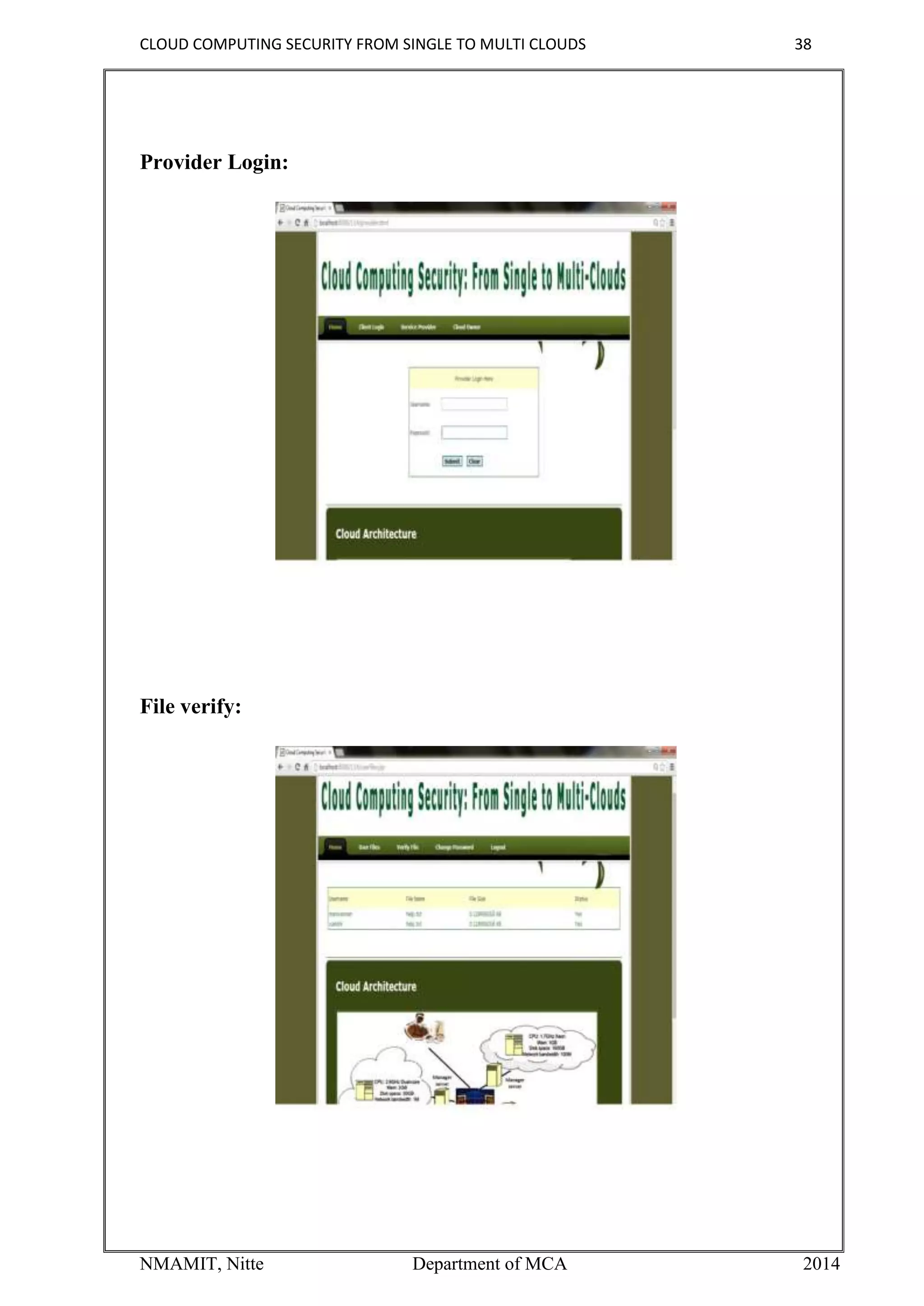 CLOUD COMPUTING SECURITY FROM SINGLE TO MULTI CLOUDS 38
NMAMIT, Nitte Department of MCA 2014
Provider Login:
File verify:
 