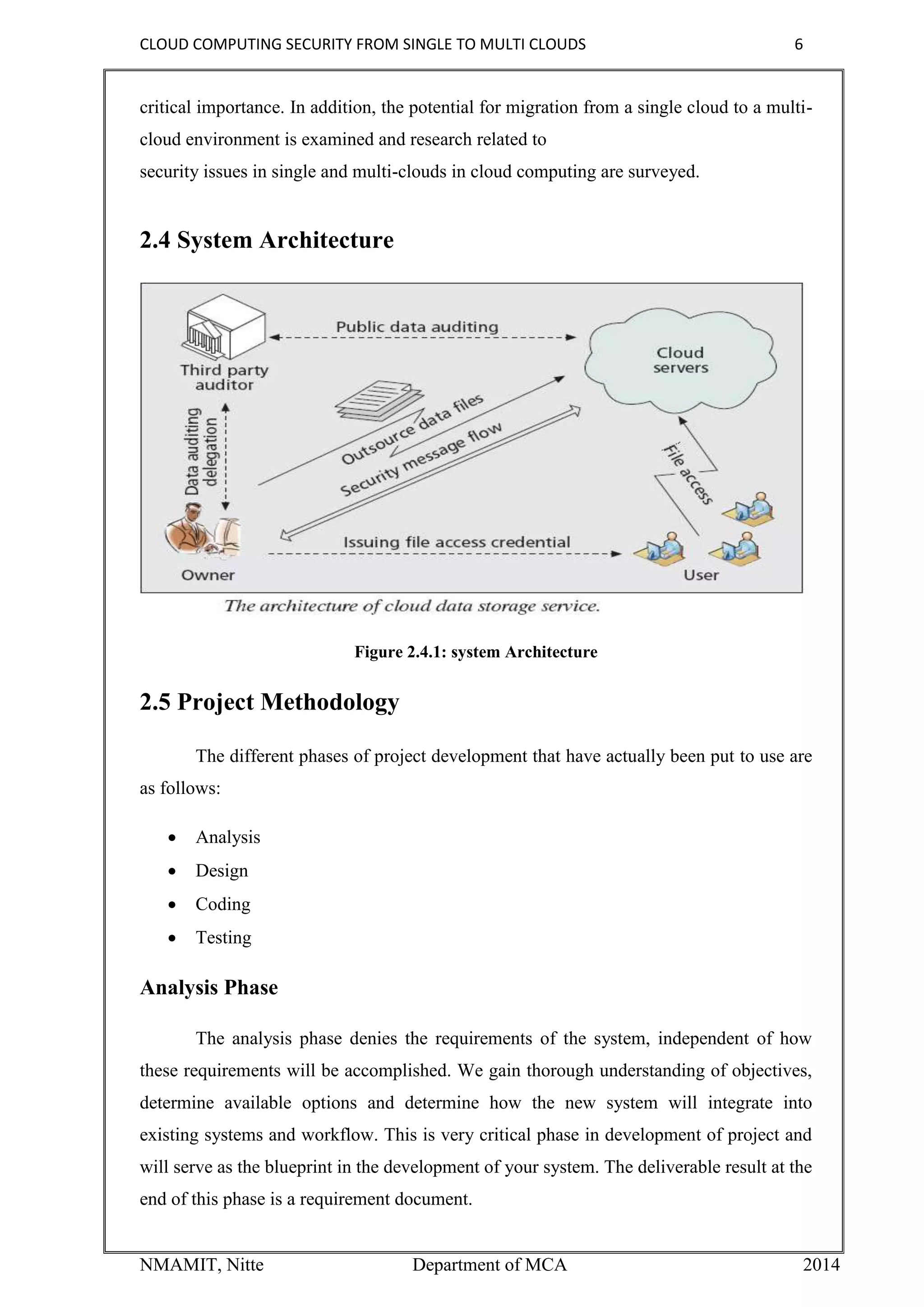 CLOUD COMPUTING SECURITY FROM SINGLE TO MULTI CLOUDS 6
NMAMIT, Nitte Department of MCA 2014
critical importance. In addition, the potential for migration from a single cloud to a multi-
cloud environment is examined and research related to
security issues in single and multi-clouds in cloud computing are surveyed.
2.4 System Architecture
Figure 2.4.1: system Architecture
2.5 Project Methodology
The different phases of project development that have actually been put to use are
as follows:
 Analysis
 Design
 Coding
 Testing
Analysis Phase
The analysis phase denies the requirements of the system, independent of how
these requirements will be accomplished. We gain thorough understanding of objectives,
determine available options and determine how the new system will integrate into
existing systems and workflow. This is very critical phase in development of project and
will serve as the blueprint in the development of your system. The deliverable result at the
end of this phase is a requirement document.
 