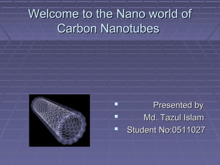 Welcome to the Nano world of
    Carbon Nanotubes




                     Presented by
                   Md. Tazul Islam
               Student No:0511027
 