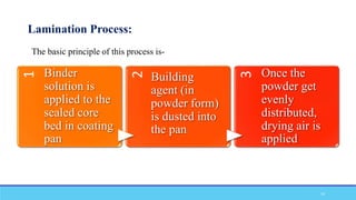 Lamination Process:
The basic principle of this process is-
1
Binder
solution is
applied to the
sealed core
bed in coating
pan 2
Building
agent (in
powder form)
is dusted into
the pan
3
Once the
powder get
evenly
distributed,
drying air is
applied
14
 