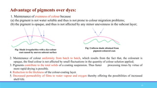 Fig: Shade irregularities with a dye-colour
coat caused by uneven subcoat surface
Fig: Uniform shade obtained from
pigment-coloured coat.
1. Maintenance of evenness of colour because
(a) the pigment is not water soluble and thus is not prone to colour migration problems;
(b) the pigment is opaque, and thus is not affected by any minor unevenness in the subcoat layer;
Advantage of pigments over dyes:
21
2. Maintenance of colour uniformity from batch to batch, which results from the fact that, the colourant is
opaque, the final colour is not affected by small fluctuations in the quantity of colour solution applied;
3. Pigments contribute to the total solids of a coating suspension. Thus faster processing times by virtue of
more rapid drying is possible.
4. Reduction in the thickness of the colour-coating layer.
5. Decreased permeability of films to water vapour and oxygen thereby offering the possibilities of increased
shelf-life.
 