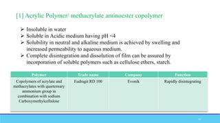 [1] Acrylic Polymer/ methacrylate aminoester copolymer
 Insoluble in water
 Soluble in Acidic medium having pH <4
 Solubility in neutral and alkaline medium is achieved by swelling and
increased permeability to aqueous medium.
 Complete disintegration and dissolution of film can be assured by
incorporation of soluble polymers such as cellulose ethers, starch.
Polymer Trade name Company Function
Copolymers of acrylate and
methacrylates with quarternary
ammonium group in
combination with sodium
Carboxymethylcellulose
Eudragit RD 100 Evonik Rapidly disintegrating
34
 