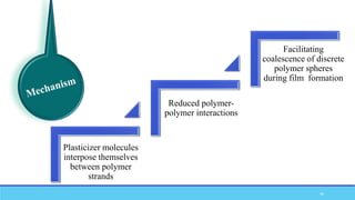 Plasticizer molecules
interpose themselves
between polymer
strands
Reduced polymer-
polymer interactions
Facilitating
coalescence of discrete
polymer spheres
during film formation
49
 