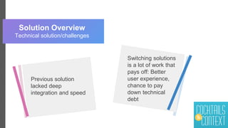 Solution Overview
Technical solution/challenges
Previous solution
lacked deep
integration and speed
Switching solutions
is a lot of work that
pays off: Better
user experience,
chance to pay
down technical
debt
 