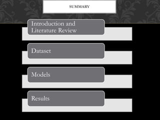 SUMMARY
Introduction and
Literature Review
Dataset
Models
Results
 