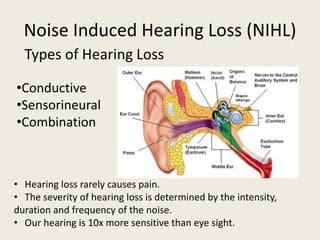 Noise Induced Hearing Loss (NIHL) 
Types of Hearing Loss 
•Conductive 
•Sensorineural 
•Combination 
• Hearing loss rarely causes pain. 
• The severity of hearing loss is determined by the intensity, 
duration and frequency of the noise. 
• Our hearing is 10x more sensitive than eye sight. 
 