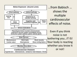 …from Babisch … 
shows the 
multiple 
cardiovascular 
effects of noise. 
Even if you think 
noise is not 
bothering you…IT IS! 
Your body is reacting 
whether you know it 
or not! 
 