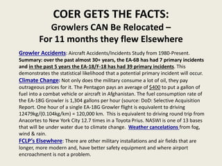 COER GETS THE FACTS: 
Growlers CAN Be Relocated – 
For 11 months they flew Elsewhere 
Growler Accidents: Aircraft Accidents/Incidents Study from 1980-Present. 
Summary: over the past almost 30+ years, the EA-6B has had 7 primary incidents 
and in the past 5 years the EA-18/F-18 has had 39 primary incidents. This 
demonstrates the statistical likelihood that a potential primary incident will occur. 
Climate Change: Not only does the military consume a lot of oil, they pay 
outrageous prices for it. The Pentagon pays an average of $400 to put a gallon of 
fuel into a combat vehicle or aircraft in Afghanistan. The fuel consumption rate of 
the EA-18G Growler is 1,304 gallons per hour (source: DoD: Selective Acquisition 
Report. One hour of a single EA-18G Growler flight is equivalent to driving 
12479kg/(0.104kg/km) = 120,000 km. This is equivalent to driving round trip from 
Anacortes to New York City 12.7 times in a Toyota Prius. NASWI is one of 13 bases 
that will be under water due to climate change. Weather cancelations from fog, 
wind & rain. 
FCLP’s Elsewhere: There are other military installations and air fields that are 
longer, more modern and, have better safety equipment and where airport 
encroachment is not a problem. 
 