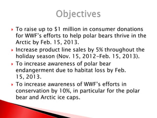  To raise up to $1 million in consumer donations
for WWF’s efforts to help polar bears thrive in the
Arctic by Feb. 15, 2013.
 Increase product line sales by 5% throughout the
holiday season (Nov. 15, 2012-Feb. 15, 2013).
 To increase awareness of polar bear
endangerment due to habitat loss by Feb.
15, 2013.
 To increase awareness of WWF’s efforts in
conservation by 10%, in particular for the polar
bear and Arctic ice caps.
 