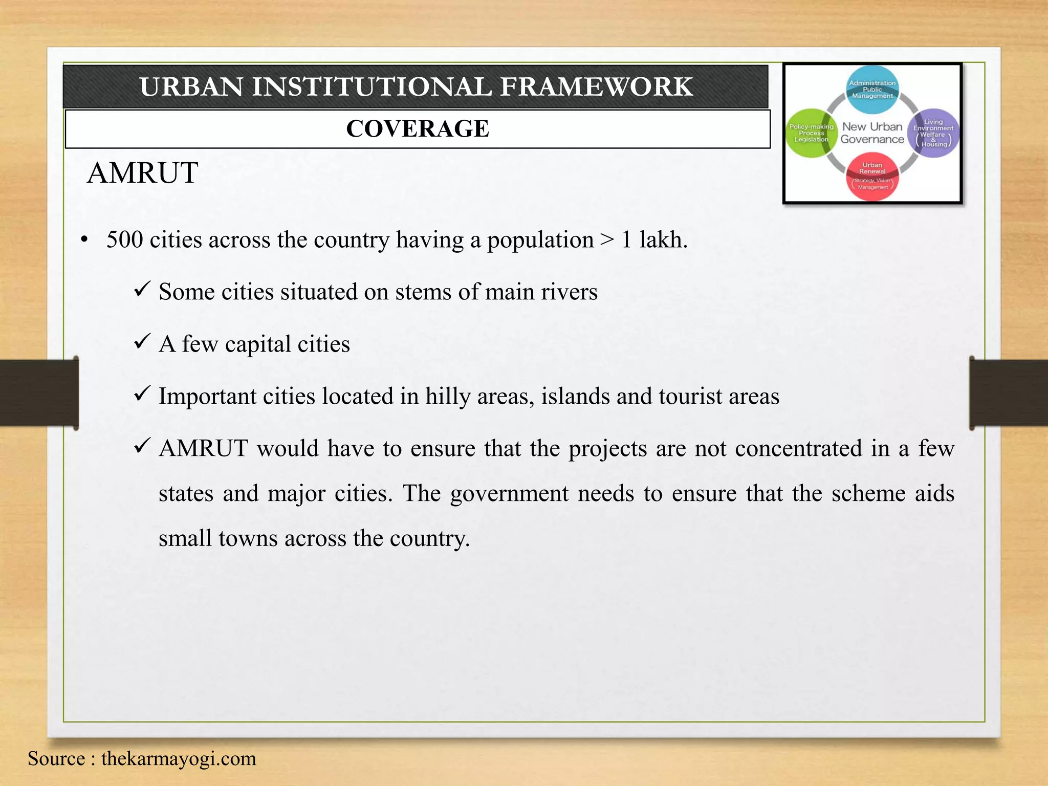 URBAN INSTITUTIONAL FRAMEWORK
AMRUT
• 500 cities across the country having a population > 1 lakh.
 Some cities situated on stems of main rivers
 A few capital cities
 Important cities located in hilly areas, islands and tourist areas
 AMRUT would have to ensure that the projects are not concentrated in a few
states and major cities. The government needs to ensure that the scheme aids
small towns across the country.
Source : thekarmayogi.com
COVERAGE
 