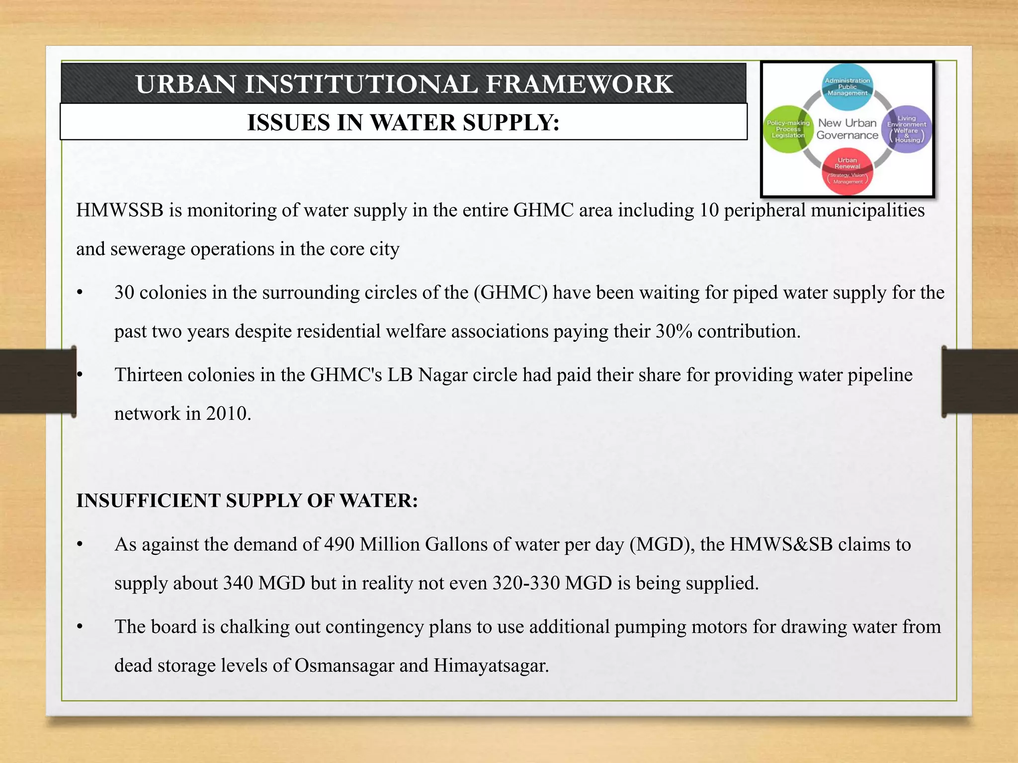 URBAN INSTITUTIONAL FRAMEWORK
ISSUES IN WATER SUPPLY:
HMWSSB is monitoring of water supply in the entire GHMC area including 10 peripheral municipalities
and sewerage operations in the core city
• 30 colonies in the surrounding circles of the (GHMC) have been waiting for piped water supply for the
past two years despite residential welfare associations paying their 30% contribution.
• Thirteen colonies in the GHMC's LB Nagar circle had paid their share for providing water pipeline
network in 2010.
INSUFFICIENT SUPPLY OF WATER:
• As against the demand of 490 Million Gallons of water per day (MGD), the HMWS&SB claims to
supply about 340 MGD but in reality not even 320-330 MGD is being supplied.
• The board is chalking out contingency plans to use additional pumping motors for drawing water from
dead storage levels of Osmansagar and Himayatsagar.
 