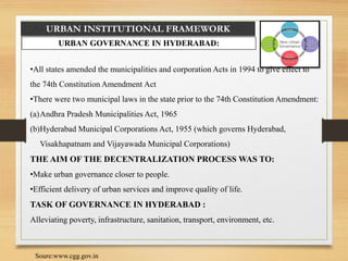 URBAN INSTITUTIONAL FRAMEWORK
URBAN GOVERNANCE IN HYDERABAD:
•All states amended the municipalities and corporation Acts in 1994 to give effect to
the 74th Constitution Amendment Act
•There were two municipal laws in the state prior to the 74th Constitution Amendment:
(a)Andhra Pradesh Municipalities Act, 1965
(b)Hyderabad Municipal Corporations Act, 1955 (which governs Hyderabad,
Visakhapatnam and Vijayawada Municipal Corporations)
THE AIM OF THE DECENTRALIZATION PROCESS WAS TO:
•Make urban governance closer to people.
•Efficient delivery of urban services and improve quality of life.
TASK OF GOVERNANCE IN HYDERABAD :
Alleviating poverty, infrastructure, sanitation, transport, environment, etc.
Soure:www.cgg.gov.in
 