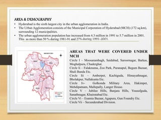 AREA & DEMOGRAPHY
• Hyderabad is the sixth largest city in the urban agglomeration in India.
• The Urban Agglomeration consists of the Municipal Corporation of Hyderabad (MCH) (172 sq.km),
surrounding 12 municipalities.
• The urban agglomeration population has increased from 4.3 million in 1991 to 5.7 million in 2001.
This as more than 50 % during 1981-91 and 27% during 1991-2001.
AREAS THAT WERE COVERED UNDER
MCH
Circle I – Moosarambagh, Saidabad, Saroornagar, Barkas,
Moghalpura, Chaderghat.
Circle Ii – Falaknuma, Zoo Park, Puranapul, Begum Bazaar,
Shali Banda Etc.
Circle Iii – Amberpet, Kachiguda, Himayathnagar,
Bholakpur, Nallakunta Etc.
Circle Iv- Golkonda Military Area, Hakimpet,
Mehdipatnam, Mallepally, Langer House.
Circle V – Jubilee Hills, Banjara Hills, Yousufguda,
Sanathnagar, Khairatabad Etc.
Circle Vi – Esamia Bazaar, Agapura, Gun Foundry Etc.
Circle Vii – Secunderabad Division.
 