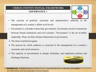 URBAN INSTITUTIONAL FRAMEWORK
GOVERNANCE ?
• The exercise of political, economic and administrative authority in the
management of a country’s affairs at all levels.
• Governance is a broader notion than government. Governance involves interaction
between formal institutions and civil societies. "Governance" is the art of public
leadership. There are three distinct dimensions of governance:
 The form of political regime.
 The process by which authority is exercised in the management of a country’s
economic and social resources.
 The capacity of governments to design, formulate, and implement policies and
discharge functions.
REFERENCES: INTERNATIONAL INSTITUTE OF ADMINISTRATIVE SCIENCES, NOVARTIS
FOUNDATION FOR SUSTAINABLE DEVELOPMENT
 