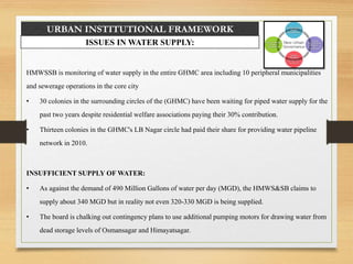 URBAN INSTITUTIONAL FRAMEWORK
ISSUES IN WATER SUPPLY:
HMWSSB is monitoring of water supply in the entire GHMC area including 10 peripheral municipalities
and sewerage operations in the core city
• 30 colonies in the surrounding circles of the (GHMC) have been waiting for piped water supply for the
past two years despite residential welfare associations paying their 30% contribution.
• Thirteen colonies in the GHMC's LB Nagar circle had paid their share for providing water pipeline
network in 2010.
INSUFFICIENT SUPPLY OF WATER:
• As against the demand of 490 Million Gallons of water per day (MGD), the HMWS&SB claims to
supply about 340 MGD but in reality not even 320-330 MGD is being supplied.
• The board is chalking out contingency plans to use additional pumping motors for drawing water from
dead storage levels of Osmansagar and Himayatsagar.
 