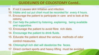9. If not it causes skin irritation and infection.
10. Intake and out put chart must be recorded for every 4 hours.
11. Encourage the patient to participate in care and to look at the
ostomy.
12. Can help the patient by listening, explaining, being available
and supportive.
13. Encourage the patient to avoid fibre rich diets.
14. Encourage the patient to drink fluids.
15. Educate the patient about the various methods of odor
control measures.
16. Chlorophyll rich diet will deodorize the feces.
17. Direct contact sports and heavy lifting must be avoided.
GUIDELINES OF COLOSTOMY Contd..
 