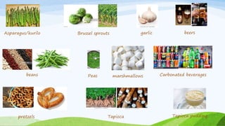 Asparagus/kurilo Brussel sprouts garlic
beans
beers
Peas Carbonated beverages
marshmallows
pretzels Tapioca Tapioca pudding
 