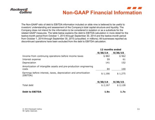 © 2015 Rockwell Collins
All rights reserved.
11
The Non-GAAP ratio of debt to EBITDA information included on slide nine is believed to be useful to
investors’ understanding and assessment of the Company’s total capital structure and liquidity. The
Company does not intend for the information to be considered in isolation or as a substitute for the
related GAAP measures. The table below explains the debt to EBITDA calculation in more detail for the
twelve-month period from October 1, 2013 through September 30, 2014 and the twelve-month period
from October 1, 2014 through September 30, 2015 (unaudited, in millions). All businesses reported as
discontinued operations have been excluded from the debt to EBITDA calculation.
Non-GAAP Financial Information
12 months ended
9/30/14 9/30/15
Income from continuing operations before income taxes $ 882 $ 962
Interest expense 59 61
Depreciation 141 152
Amortization of intangible assets and pre-production engineering
costs 84 100
Earnings before interest, taxes, depreciation and amortization
(EBITDA)
$ 1,166 $ 1,275
9/30/14 9/30/15
Total debt $ 2,167 $ 2,128
Debt to EBITDA 1.9x 1.7x
 