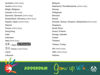 Australia (online shop)               Malaysia
Austria (online shop)                 Nederland | The Netherlands (online shop)
België | Belgique                     Norway
Canada (online shop)                  Philippines
Danmark | Denmark (online shop)       Romania
Deutschland | Germany (online shop)   Russia
España | Spain (online shop)          Schweiz | Suisse | Svizzera | Switzerland(online shop)
Estonia                               Singapore
France (online shop)                  South Africa
Hong Kong                             Suomi | Finland
India                                 Sverige | Sweden
Indonesia                             Taiwan
Italy(online shop)                    Thailand

         | Japan                      Türkiye | Turkey

         | Korea (online Shop)        UK (online shop)
Latvia                                USA (online shop)
Lithuania                             Vietnam
 


                          ADDENDUM
 