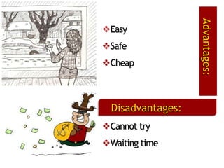 Safe

Cheap

Disadvantages:
Cannot try

Waiting time

Advantages:

Easy

 