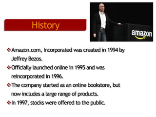 History
Amazon.com, Incorporated was created in 1994 by
Jeffrey Bezos.
Officially launched online in 1995 and was
reincorporated in 1996.
The company started as an online bookstore, but
now includes a large range of products.
In 1997, stocks were offered to the public.

 