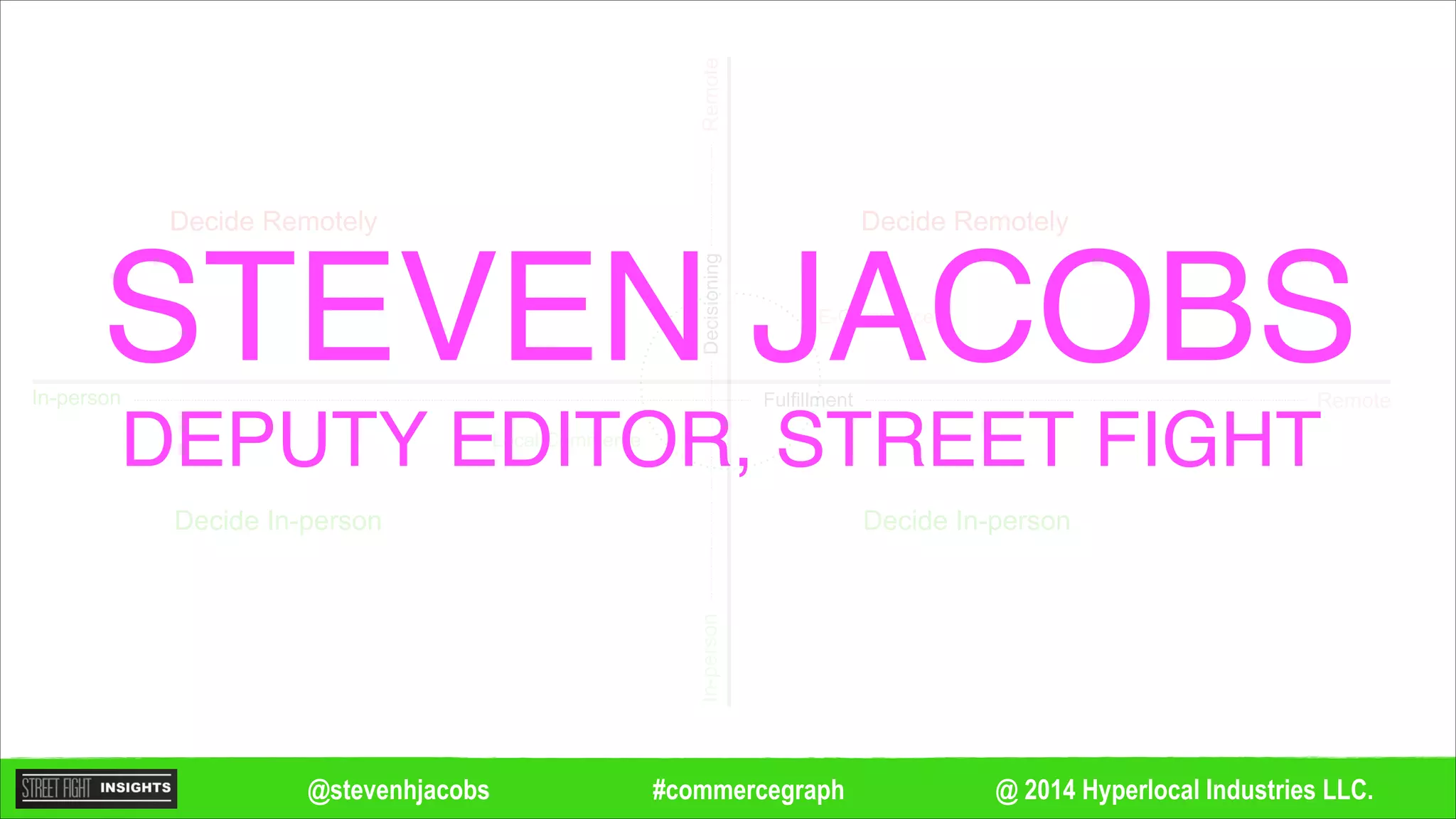 @ 2014 Hyperlocal Industries LLC.#commercegraph@stevenhjacobs
Remote
Remote
In-person
In-personDecisioning
Fulfillment
Local Commerce
E-Commerce
STEVEN JACOBS
DEPUTY EDITOR, STREET FIGHT
Decide Remotely
Decide In-person
Decide Remotely
Decide In-person
 