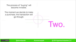 @ 2014 Hyperlocal Industries LLC.#commercegraph@stevenhjacobs
Remote
Remote
In-person
In-personDecisioning
Fulfillment
Local Commerce
E-Commerce
The process of “buying” will
become invisible.
!
The moment we decide to make
a purchase, the transaction will
go through.
Two.
 