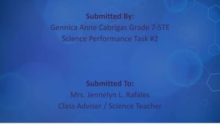 Submitted By:
Gennica Anne Cabrigas Grade 7-STE
Science Performance Task #2
Submitted To:
Mrs. Jennelyn L. Rafales
Class Adviser / Science Teacher
 