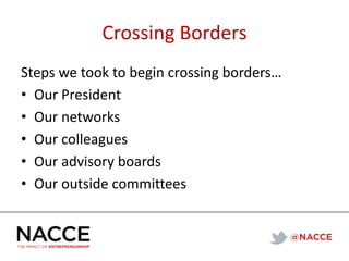 Crossing Borders
Steps we took to begin crossing borders…
• Our President
• Our networks
• Our colleagues
• Our advisory boards
• Our outside committees
 