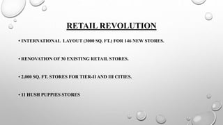 RETAIL REVOLUTION
• INTERNATIONAL LAYOUT (3000 SQ. FT.) FOR 146 NEW STORES.
• RENOVATION OF 30 EXISTING RETAIL STORES.
• 2,000 SQ. FT. STORES FOR TIER-II AND III CITIES.
• 11 HUSH PUPPIES STORES
 